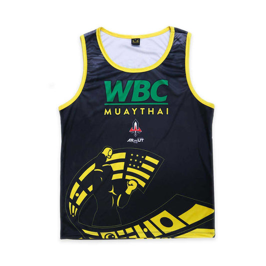 Black sleeveless shirt with WBC Muay Thai branding and graphics on a white background